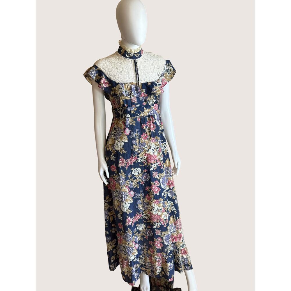 Vintage Navy Floral Lace Yoke Maxi Dress High Neck Flutter Sleeve